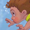 Children's book illustration of young swimmer